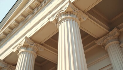 Neoclassical building facade detail, featuring fluted marble columns with ornate capitals. Facade shows classical architectural elements in bright sunlight. Building exterior is grand and imposing.