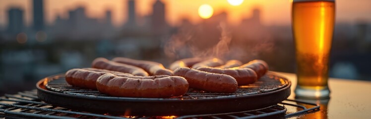 Sausages cook on grill beside beer glass, city skyline afar during sunset. Rooftop barbecue meal with smoky aroma, cozy evening ambiance, urban relaxation, warm glow.
