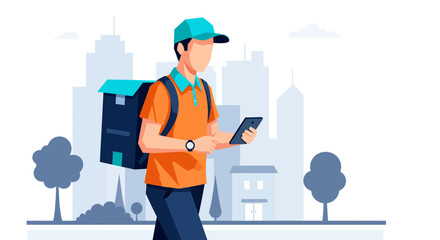 Delivery person with a backpack and phone navigating the city streets for food delivery.