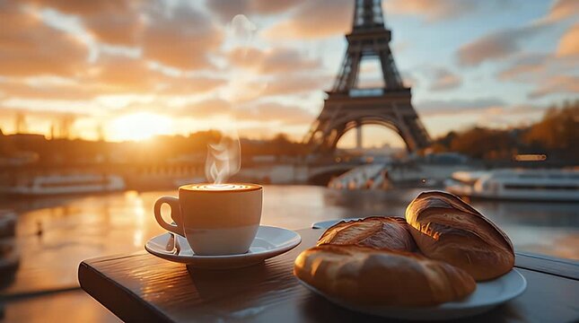 Cozy Parisian breakfast with steaming coffee and croissants by the Eiffel Tower at sunrise