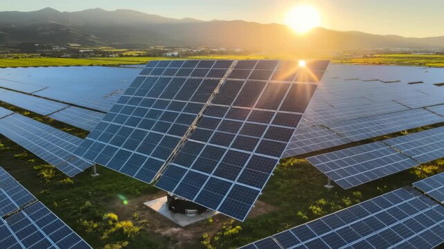 Solar Panels Harness Sunlight in Renewable Energy Farm at Golden Hour