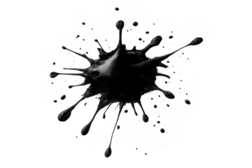 Black ink paint creating a dynamic splash or splatter, with liquid drops spreading out, making an abstract stain and messy texture