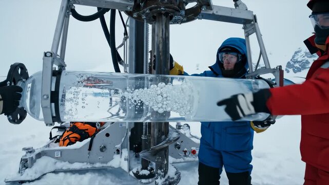 Scientists Extracting Ice Core Sample With Drilling Machine in Antarctica
