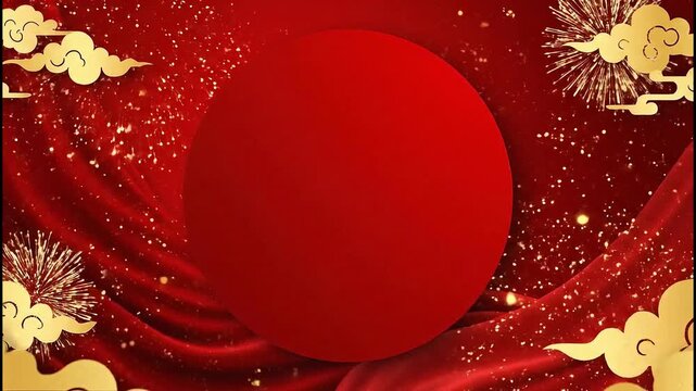 Luxurious Red and Gold Festive Background with Elegant Swirls, Traditional Clouds, and Subtle Fireworks, Perfect for Vibrant Celebrations and Dynamic Event Promotions