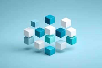 Three dimensional blue and white cube cluster in an abstract isometric arrangement