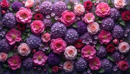 Pink and purple flowers fill frame. Roses hydrangeas and other blooms create a dense garden wall. Floral pattern offers soft romantic backdrop for events.