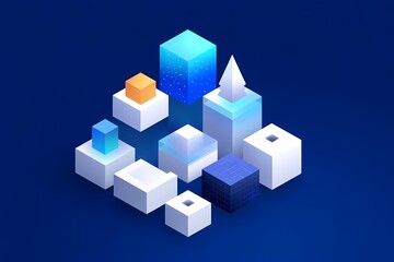 Naklejka premium Isometric arrangement of geometric cubes and blocks in blue gradient