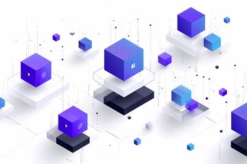 Obraz premium Isometric cube network with layered platforms in blue and purple hues, abstract digital geometry