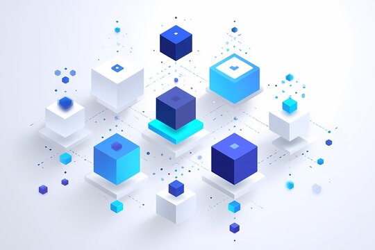 Isometric 3D cubes network illustration with blue and white futuristic technology elements