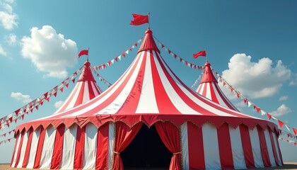 Striped big top tent with red and white pattern stands under bright blue sky with clouds. Colorful flags adorn its peaks. This circus marquee offers amusements, live shows, and family fun.