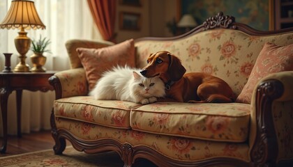 Fototapeta na wymiar White fluffy cat and brown dachshund dog relax together on old floral sofa. Adorable pets rest in cozy home interior, enjoying peaceful time. Friendship between animals in elegant room.
