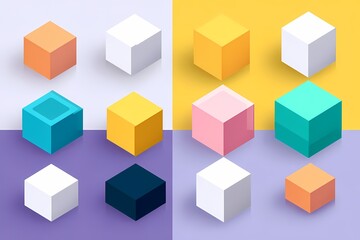 Colorful cubes arranged in a geometric grid on pastel backgrounds