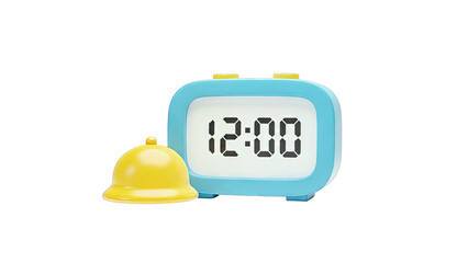 Blue alarm clock with yellow bell displaying 12:00