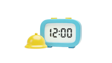Blue alarm clock with yellow bell displaying 12:00