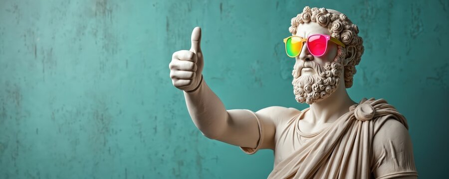 Ancient Greek sculpture wears colorful sunglasses, giving thumbs up sign. Classical art mixes with modern pop culture style. Statue shows approval, success, good vibes. Fun concept for trendy design