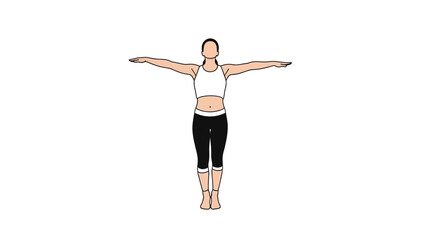Obraz premium Minimalist illustration of a woman demonstrating a standing yoga pose with arms outstretched in a 'T' shape, promoting balance, fitness, and overall well-being