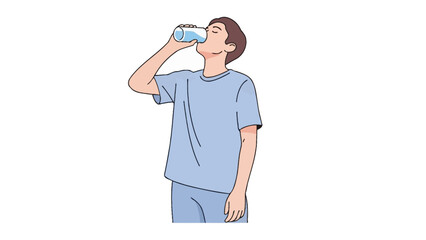 Vector illustration of a young person staying hydrated by drinking fresh water from a bottle, emphasizing healthy habits and refreshment for well-being