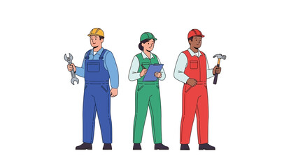 Professional team of diverse skilled tradespeople in work uniforms holding essential tools, representing manual labor, various occupations, and teamwork in construction and maintenance industries