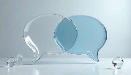 Fototapeta premium Two translucent speech bubbles intersect representing communication. One bubble is clear glass, the other blue glass. Small glass spheres are nearby suggesting ideas or thoughts.