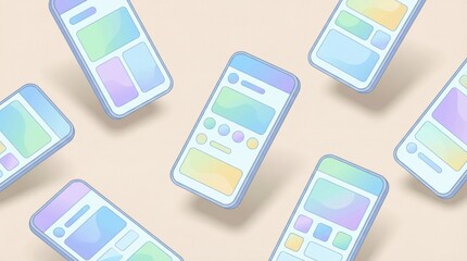 Pastel colored smartphone screens arranged in a seamless pattern on a light background
