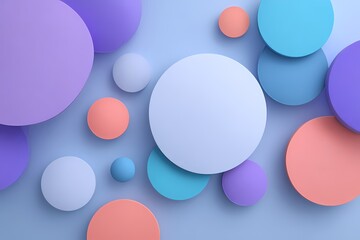 An abstract composition of colorful circles in shades of purple, blue, and peach against a soft background.