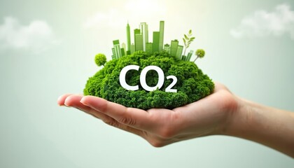 Green city with buildings and trees rests on open hand. Text CO2 symbolises pollution problem and need for eco balance. Future urban growth needs care.
