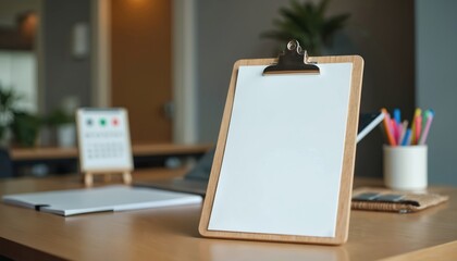 Clean office desk with wooden clipboard holding blank white paper, pens in mug and calendar on table. Minimalist workspace ready for notes, plans or tasks.