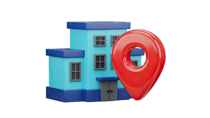 3D Building Icon with Red Map Pin