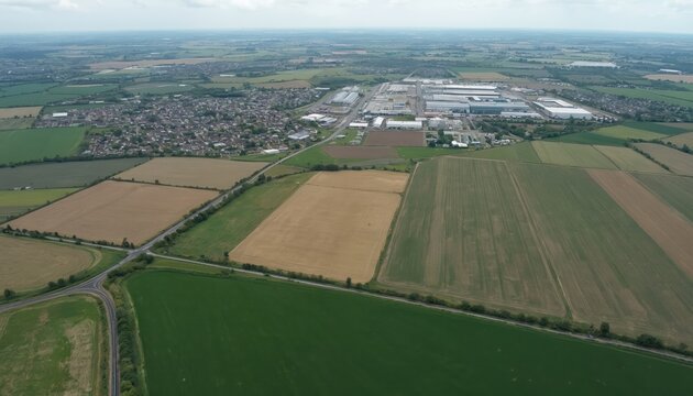 Aerial view shows farming fields next to town, industrial area. Roads connect houses, factories, cultivated land in rural setting. Green, brown crops grow in geometric patterns under cloudy sky.