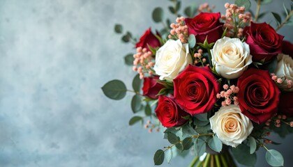 Red and white roses with green eucalyptus leaves form a luxurious bouquet. This floral arrangement provides a classic and elegant look for any occasion. A beautiful composition of diverse blooms.