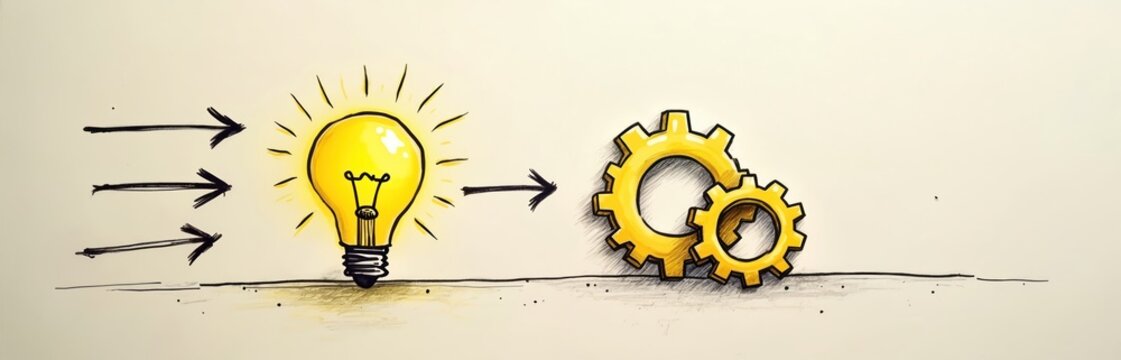 Arrows point to bright idea light bulb. Light bulb transitions to connected gears. Symbolizes generating concepts turning into practical action and project development.