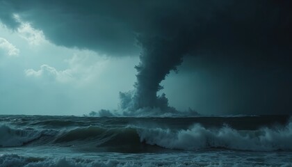 Powerful ocean storm creates massive water spout funnel cloud. Turbulent waves crash under dark, ominous skies. Violent weather phenomena in nature, extreme seascape.