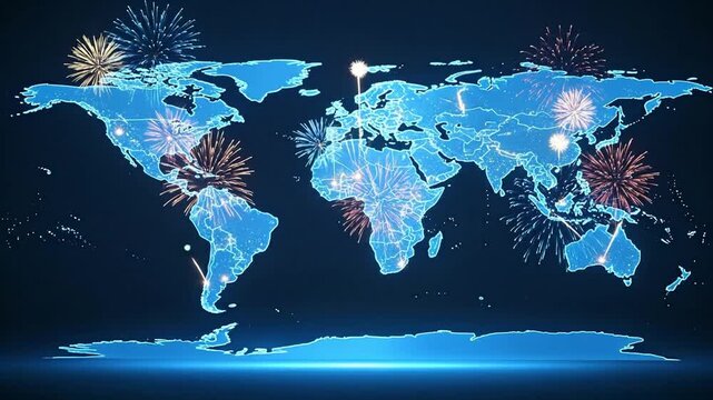 A vibrant world map illuminated with digital fireworks for celebration.