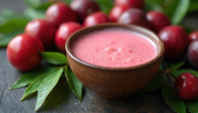 A bowl of pink jambu juice sits with fresh java plums and green leaves. This sweet, ripe, exotic fruit drink is presented for healthy eating.