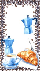 Coffee Break Illustration with Espresso Maker Croissant and Beans Frame