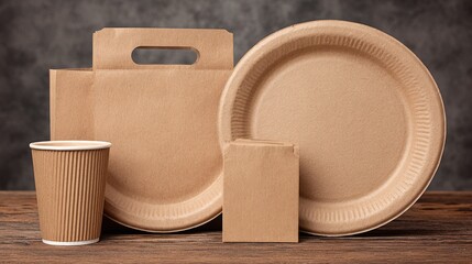 A coordinated set of kraft paper plates, cups, bags, and boxes sits on rustic wood, highlighting sustainable takeaway packaging options for cafes, events, and green branding.