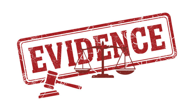 Evidence stamp with gavel and scales of justice in red vector for court case file