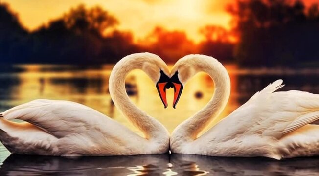 This video captures a tranquil moment of two swans gliding effortlessly across a calm lake, set against a stunning backdrop of a vibrant sunset. The serene atmosphere and picturesque scenery evoke fee