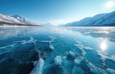 Vast icy expanse with jagged blue ice formations reflecting clear sky. Two tiny figures walk on frozen lake surface towards distant snow capped mountains. Sunny day, extreme cold, wilderness.