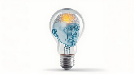 A surreal digital illustration of a transparent light bulb containing a blue human head with a glowing, tangled web of orange neural fibers in the brain area, set against a plain white background.