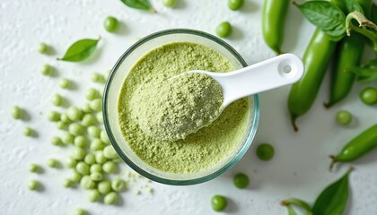 Green pea protein powder in glass bowl with scoop. Fresh peas and leaves scattered on white table. Healthy food ingredient for smoothies or meals.