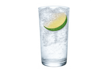 Gin and tonic cocktail refreshing drink with lime wedge and ice cubes on transparent background