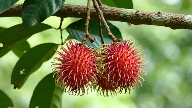 Two red spiky rambutans hang from a branch surrounded by green leaves against a blurred background