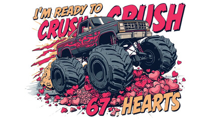Humorous Monster Truck Crushing Hearts with Playful Text Design © ZeinLens