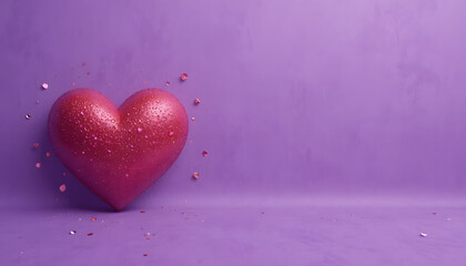 Glittery Red Heart on Purple Background with Scattered Confetti &ndash; Minimalist Valentine&rsquo;s Day Concept