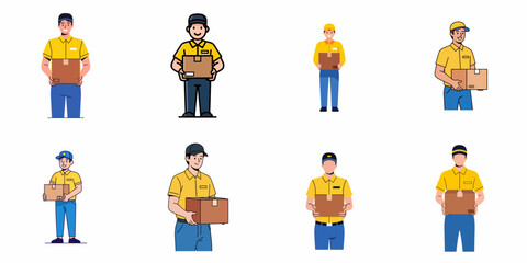 Set of eight courier characters in yellow uniform holding cardboard boxes, representing fast shipping and logistics services.