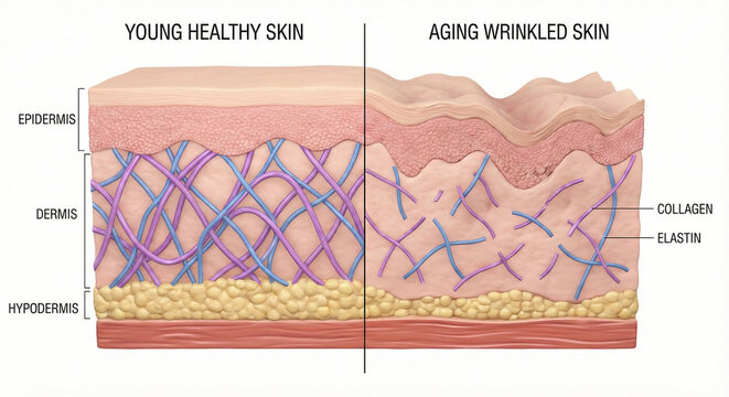 Skin Layers Anatomy Comparison of Collagen and Elastin Aging