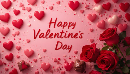 Valentine&rsquo;s Day Roses and Chocolates on Pink Background with Heart Shapes and Festive Greeting
