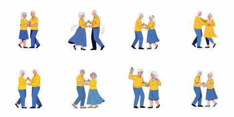 Fototapeta premium Animated set of senior couples dancing together, showcasing active retirement, romance, and joyful movement in various poses.