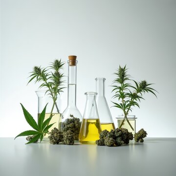Cannabis plants in glass flasks with yellow oil and buds. Laboratory glassware used for marijuana research and cbd extraction. Scientific study of hemp.